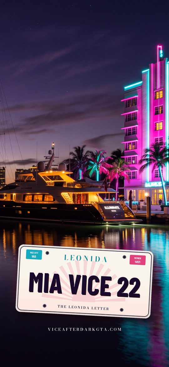 Sample phone wallpaper: a Leonida license plate reading MIA VICE 22 over the neon waterfront